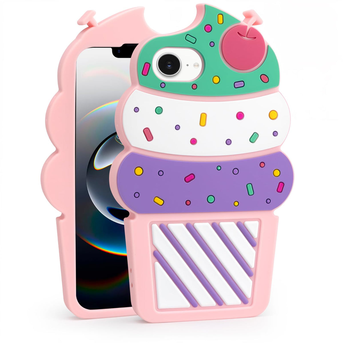 Dumkery Cute iPhone 13 Case, Ice Cream iPhone 14 Case, Funny 3D Cartoon Cupcakes Soft Silicone Shockproof Cases Cover Skin for Girls Women