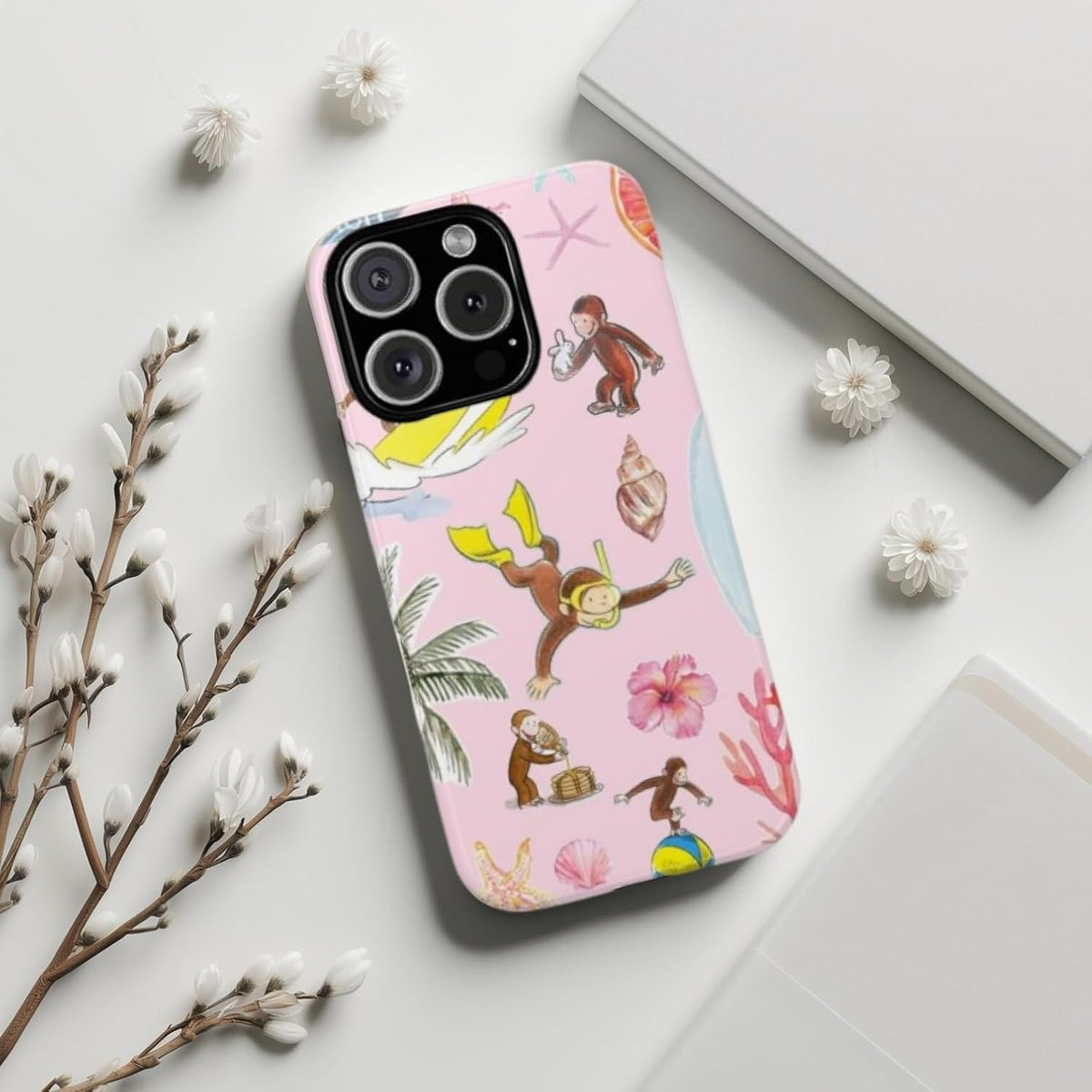 Tropical Splash Curious Monkey George Phone Case Compatible with iPhone 16, Protective Hybrid 2-Layer Hard Shell, Cute Monkey Tough Case Gift for Women Men Girl Boy