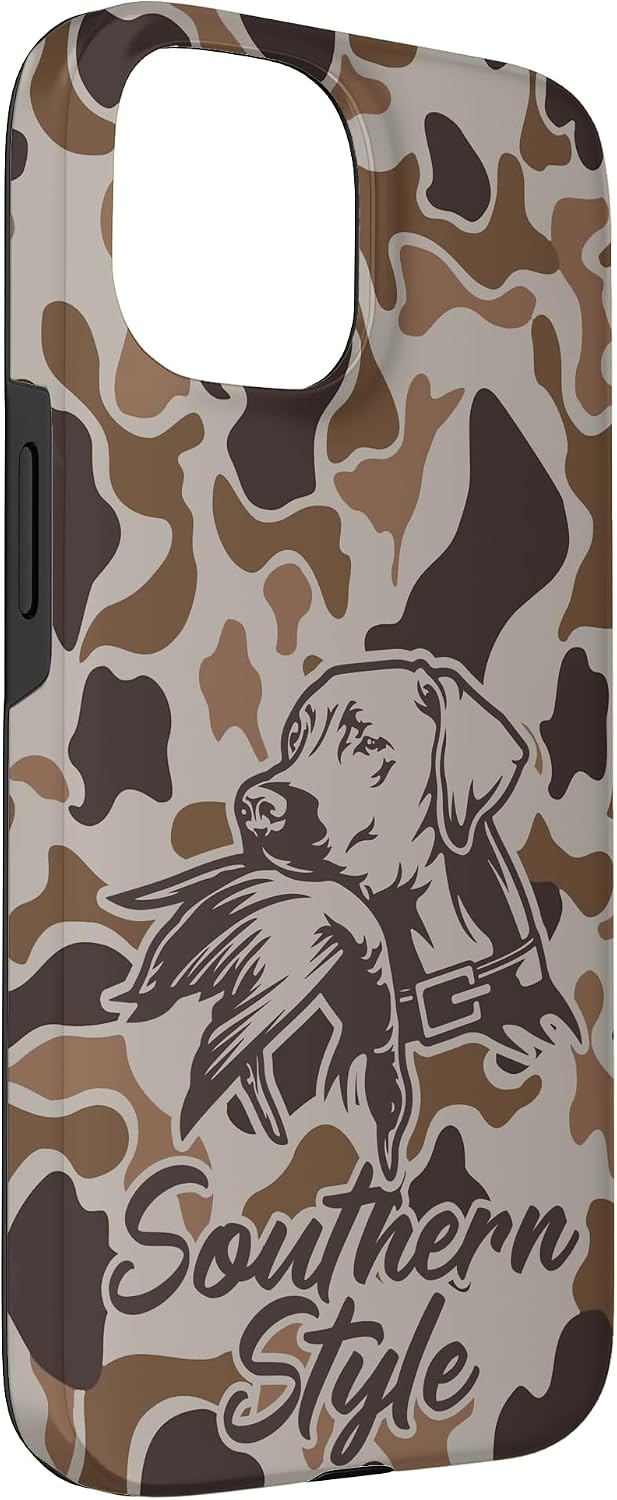 iPhone 15 Old School Camo Southern Style Duck Hunters with Dog Case