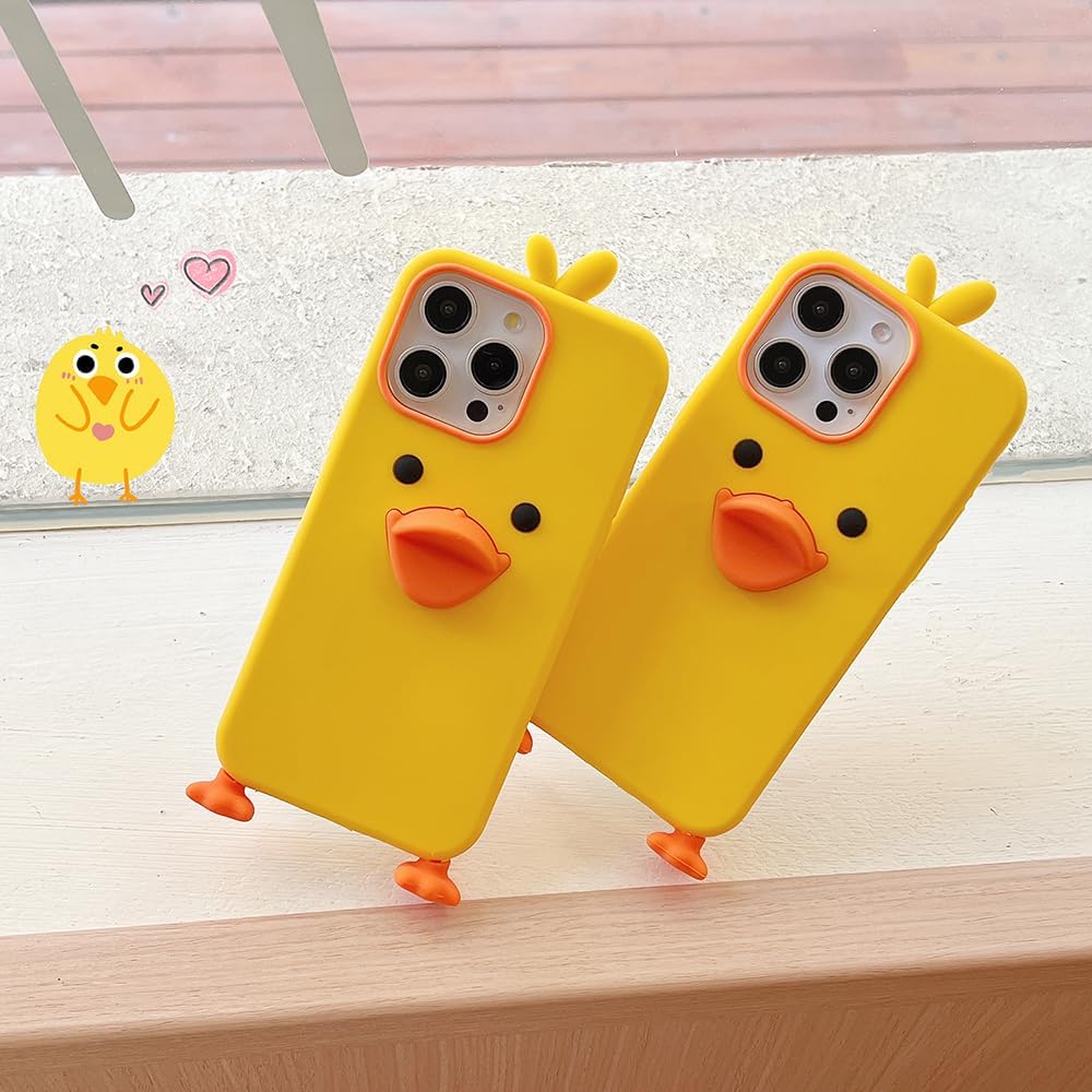 3D Duck Case,Cartoon Cute Kawaii Lovely Character Yellow Duck Shape Kids Teens Girls Women Soft Silicone Case for iPhone 13 Pro/14 Pro/15 Pro 6.1 inch