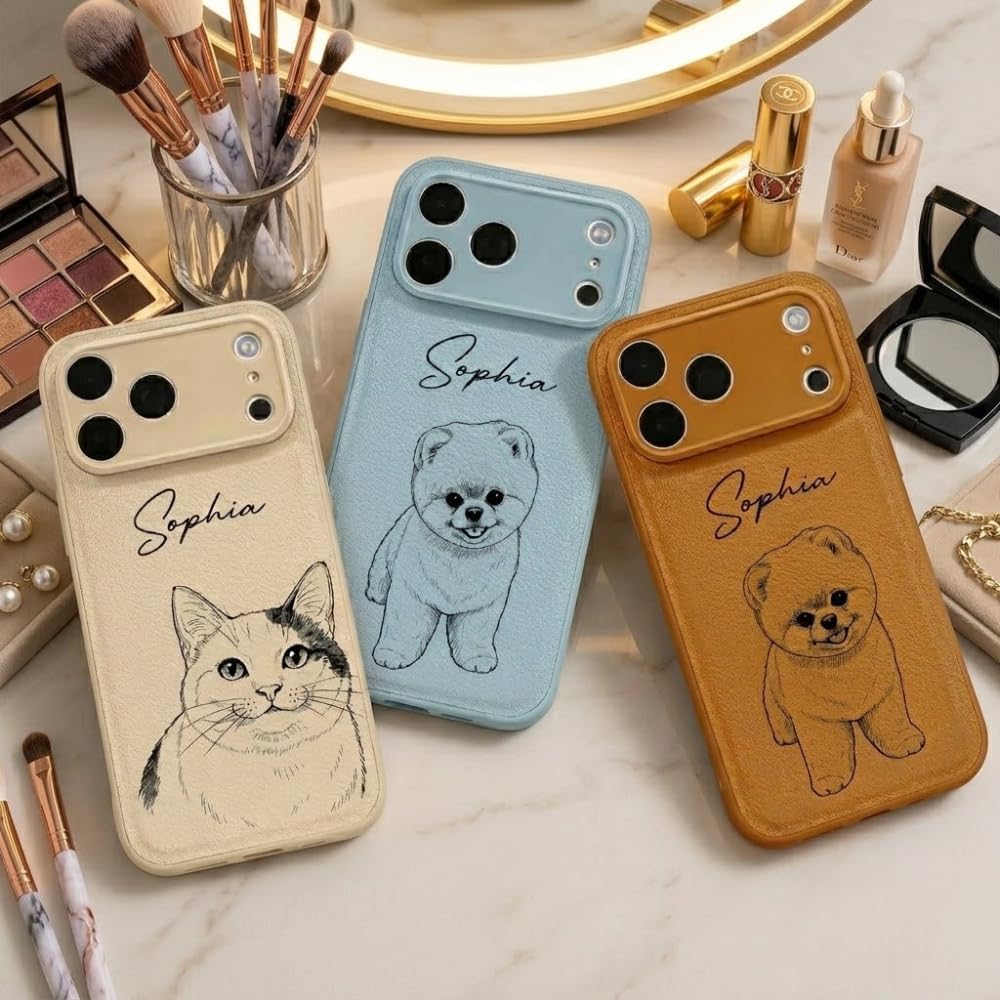 Custom Pet Portrait - Personalized Leather Phone Case, Custom PU Leather Photo Case with Name, Unique Gift for Dog Cat Lovers, Personalized Animal Portrait Phone Cover