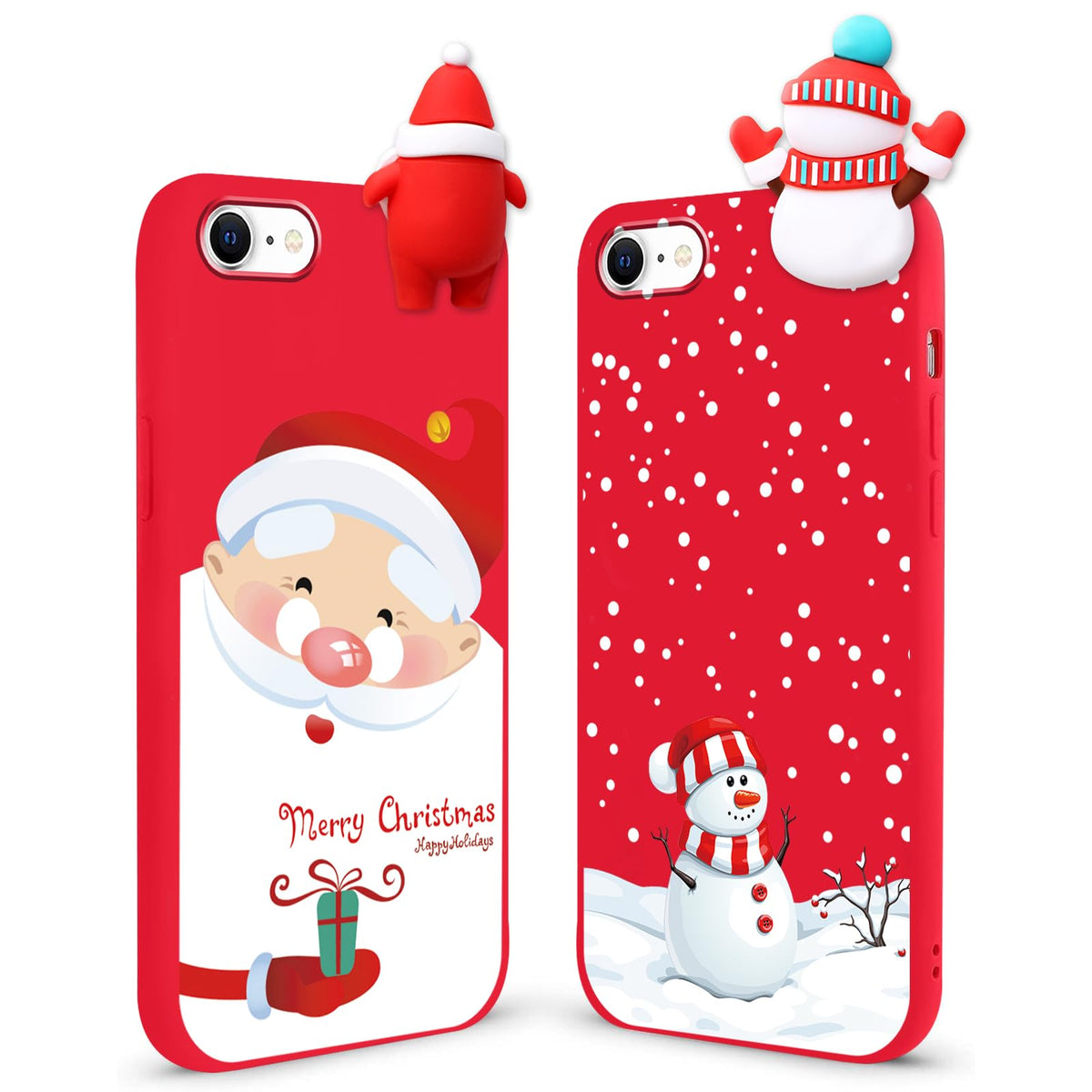 2 Pack Cute Christmas Case for iPhone 13/14",Red 3D Doll Snowman Elk Merry Christmas Pattern Soft Silicone TPU Pretty Flexible Protective Funda for Kid Girls Women