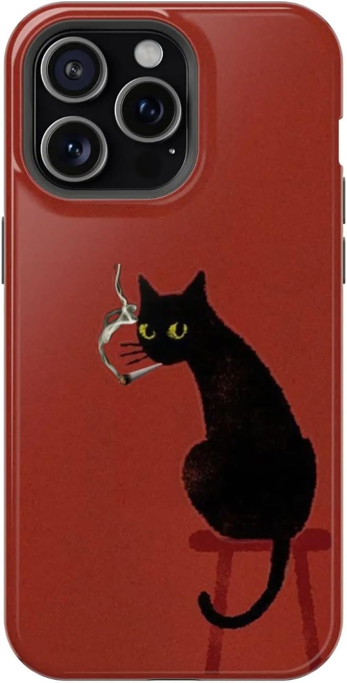 Vintage Black Cat Phone Case for iPhone Samsung, Midnight Aesthetic Design, Shockproof Durable Cover, Trendy Goth Gift for Cat Lovers (Cat with Wine Glass, iPhone 17)