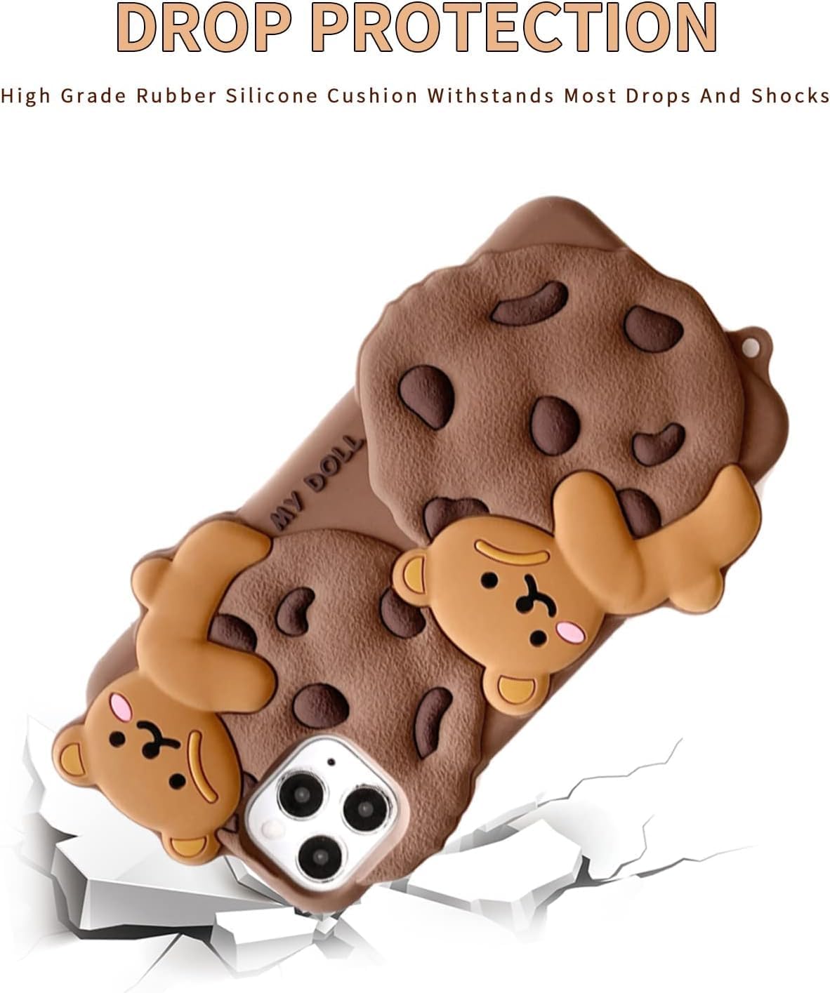 Case for iPhone 13 with Strap Lanyard Keychain Cute Bear Cookie Kawaii Funny Soft Silicone Shockproof Protective Cover for Women Girls