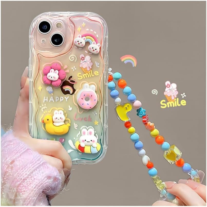 Designed for iPhone Case,Cute Rainbow Rabbit Duck Kawaii Cartoon Animal Wristband Strap Bracelet Chain Soft Shockproof Cover Phone Case (iPhone 17,Pink)