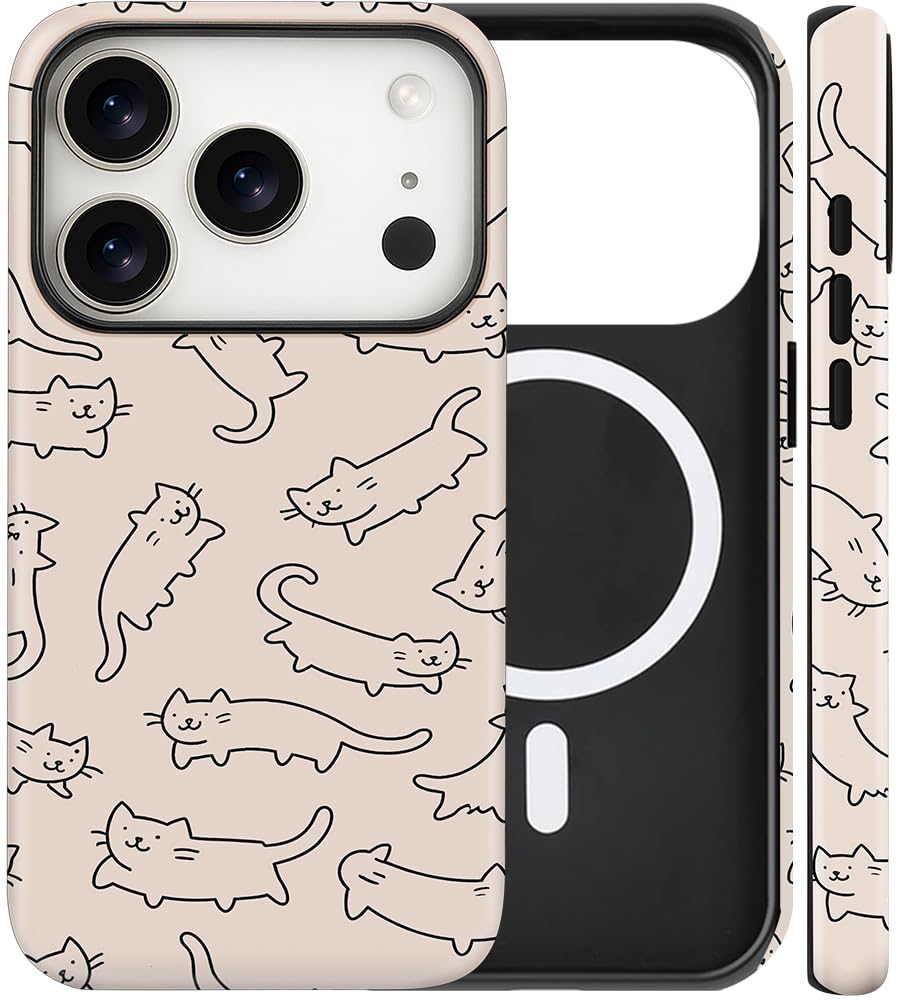 Magnetic for iPhone 13/14 Case Cute Cat Phone Case, Apricot | Shockproof Slim TPU and Hard PC Protective Phone Cover Compatible with MagSafe Designed for Women Girls Gift