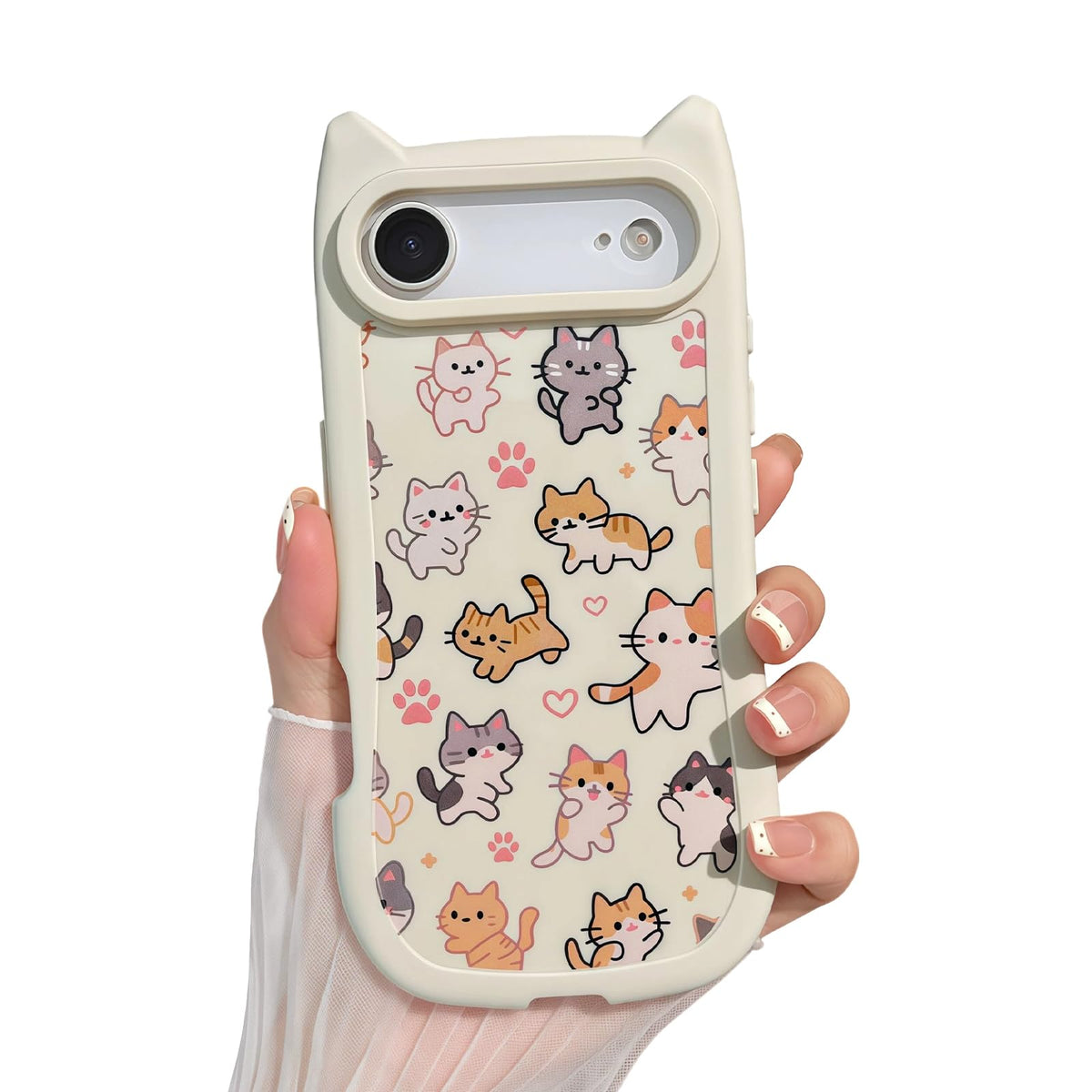 for iPhone 13 Phone Case, Cute 3D Cat Ears and Vintage Hand-Drawn Multi-Cats Heart Cartoon Pattern, with Cat Paw Buttons, Trendy Shockproof Soft Protective Phone Cover, Cat Ears
