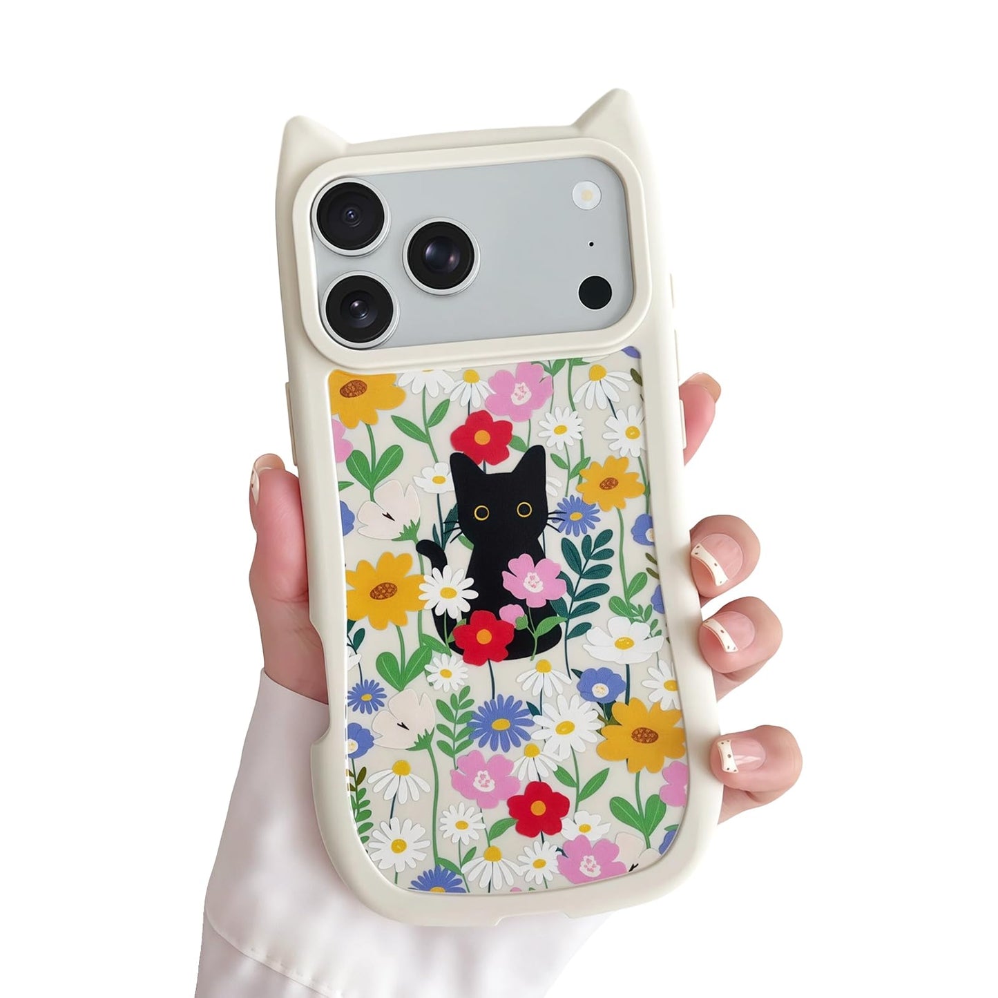 for iPhone 13 Phone Case, Cute 3D Cat Ears and Vintage Hand-Drawn Multi-Cats Heart Cartoon Pattern, with Cat Paw Buttons, Trendy Shockproof Soft Protective Phone Cover, Cat Ears