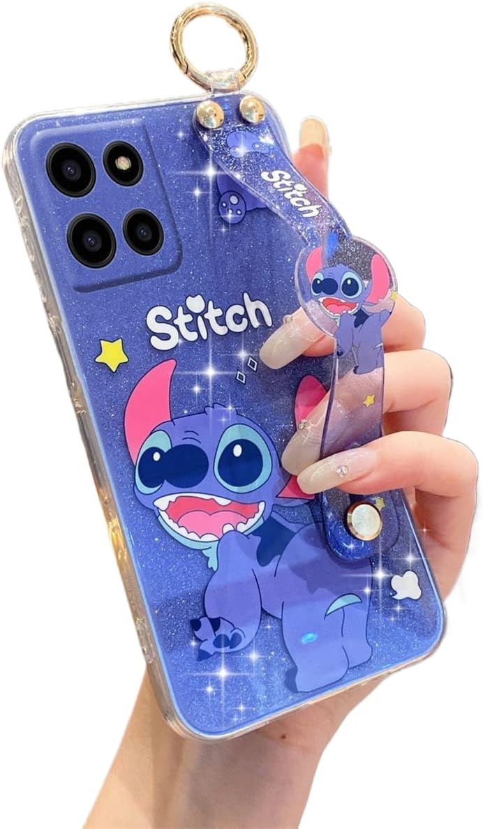 for Motorola Moto G Power 5G 2025 Case with Wrist Strap Kickstand Cute Glitter Cartoon Camera Lens Protector Shockproof Protective Cover for Women Girls (Blue 1)