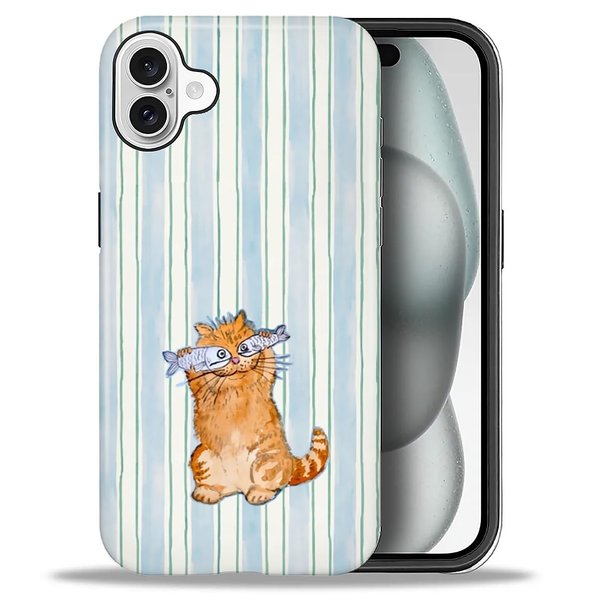 for iPhone 13/14 Case,Hybrid 2-Layer Hard Shell + Silicone Protective Case -Resistant Shockproof- A Naughty Cat with Blue Stripes Eating Fish
