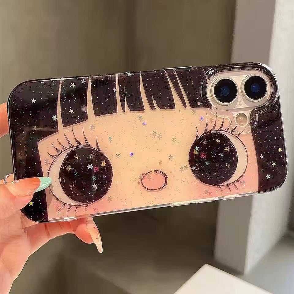 Compatible with iPhone 17 Case, Cute Kawaii Anime Big Eyes Design with Glitter Stars, Sparkle Bling Soft TPU Shockproof Protective Cover for Women Girls