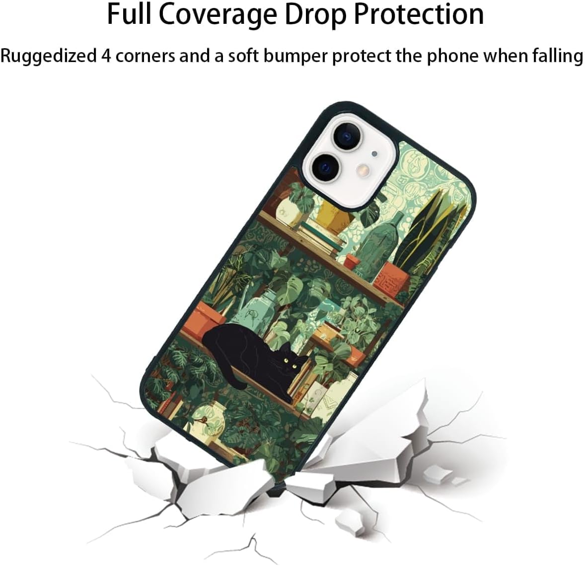 Black Cat Indoor Jungle Potted Plants Bookshelf Dark Green Botanical Urban Forest Phone Case, Shockproof Protective Cover for iPhone 11 12 13 14 15 16 17 Pro Max Plus Mini XR 7 8 SE
