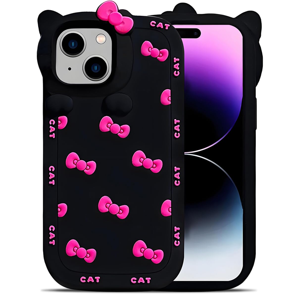 Cute Case for iPhone 17 Pro Max 6.9'', Black Kawaii Funny 3D Bow Cartoon Silicone Cat Phone case, Soft Shockproof Classic Protective Cover for Women Girls, and Kids