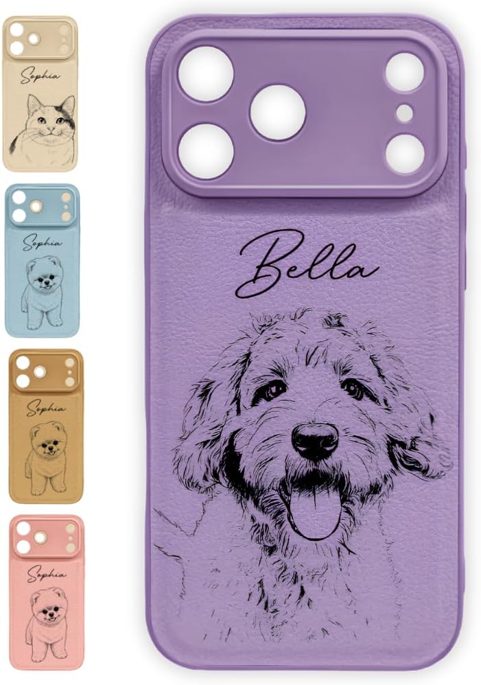 Custom Pet Portrait - Personalized Leather Phone Case, Custom PU Leather Photo Case with Name, Unique Gift for Dog Cat Lovers, Personalized Animal Portrait Phone Cover