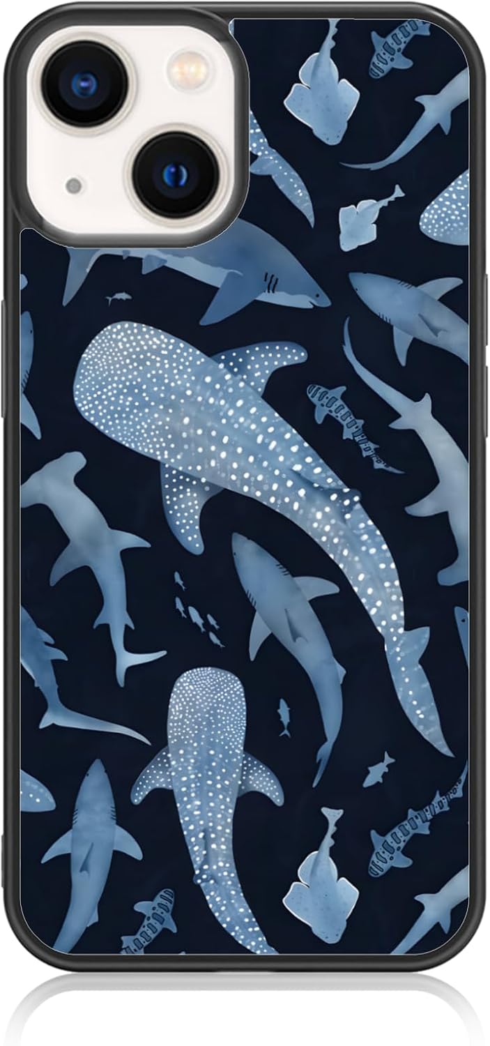 Cute Blue Shark Aesthetic Phone Case for iPhone 14 & 13 Case for Women Teen Girls Kids Girls -6.1Inch