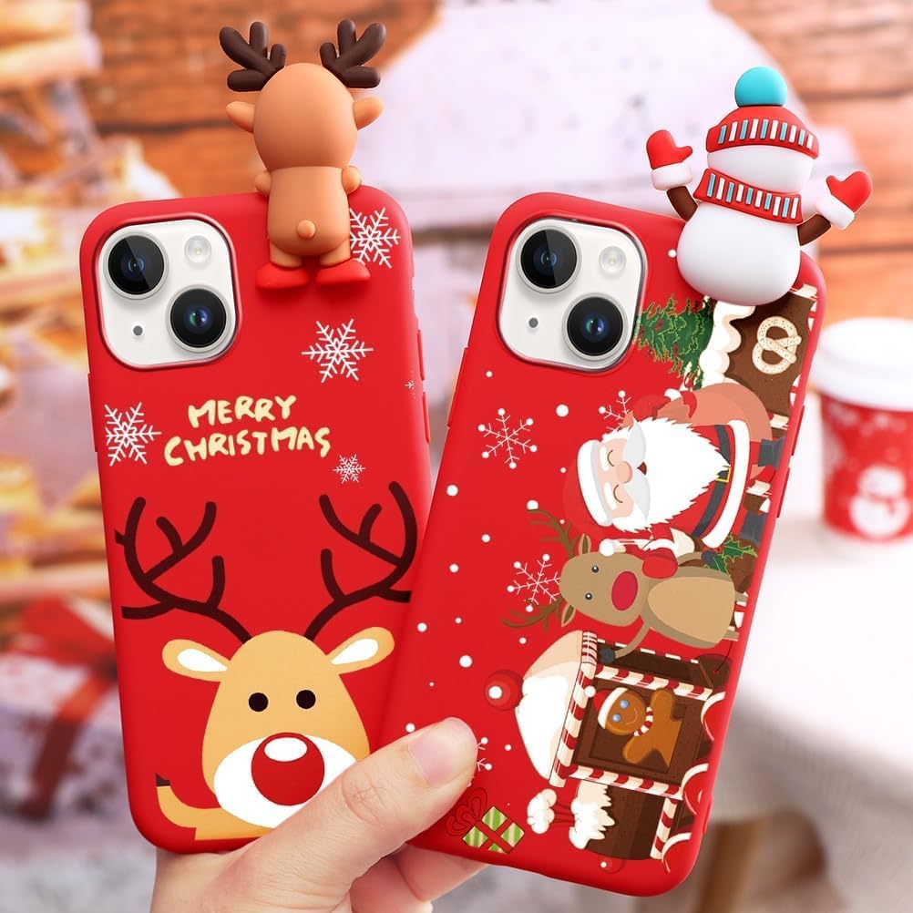 2 Pack Cute Christmas Case for iPhone 13/14",Red 3D Doll Snowman Elk Merry Christmas Pattern Soft Silicone TPU Pretty Flexible Protective Funda for Kid Girls Women