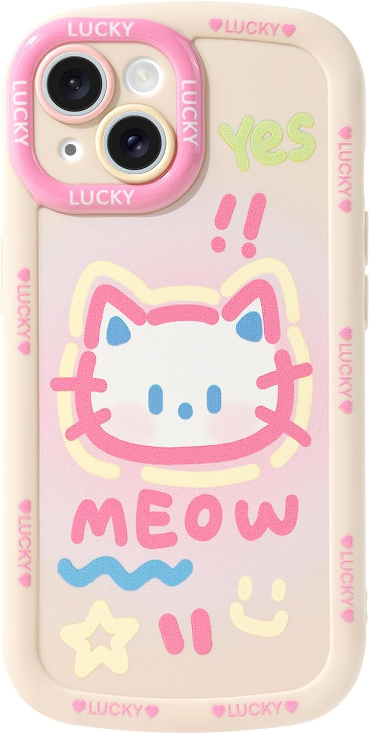 Cute Phone Case Compatible with iPhone 15, Big Head Kitty Cat, Animals Cartoon Soft Touch TPU Heavy Duty Protection Bumper Case Cover for Girls Kids Women