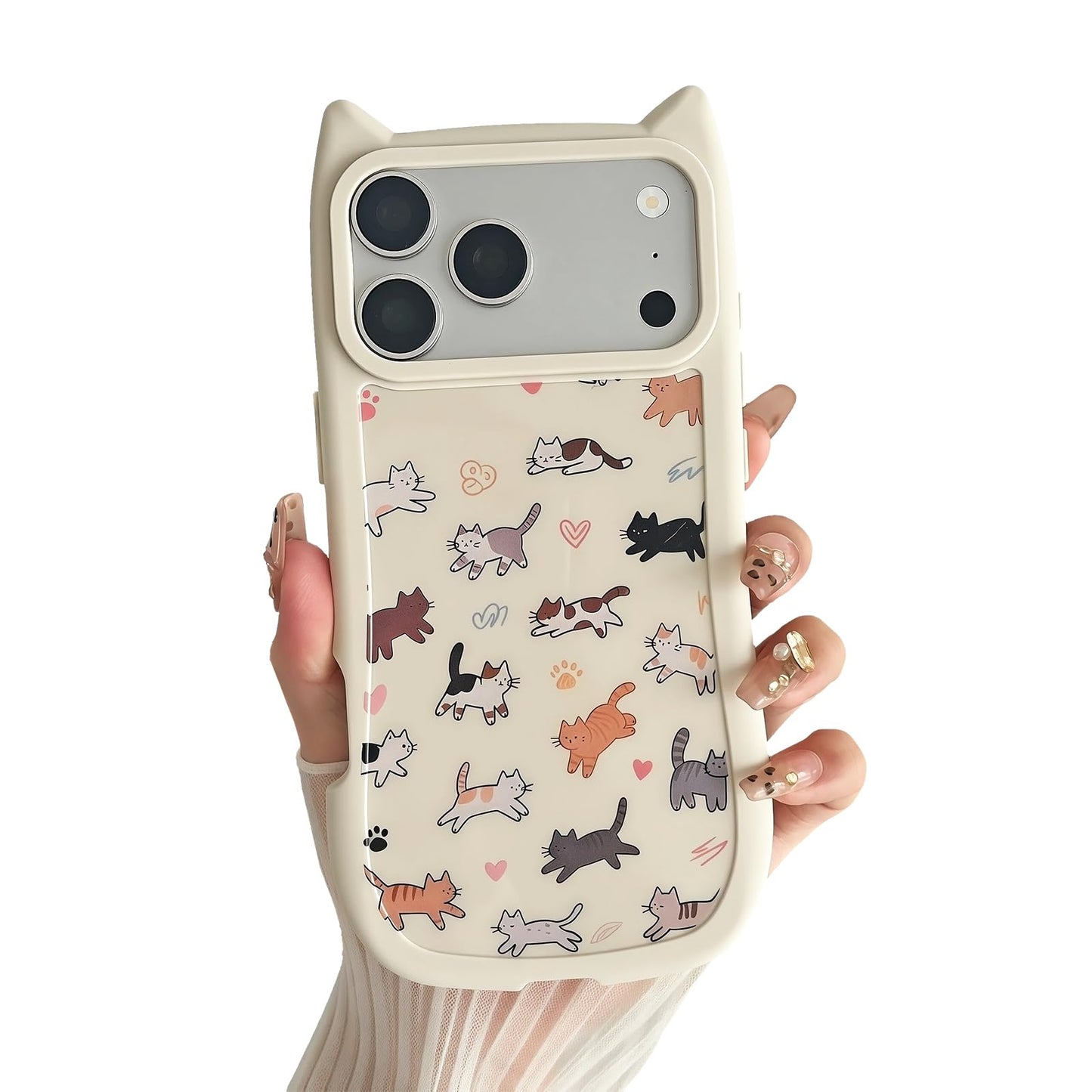 for iPhone 13 Phone Case, Cute 3D Cat Ears and Vintage Hand-Drawn Multi-Cats Heart Cartoon Pattern, with Cat Paw Buttons, Trendy Shockproof Soft Protective Phone Cover, Cat Ears
