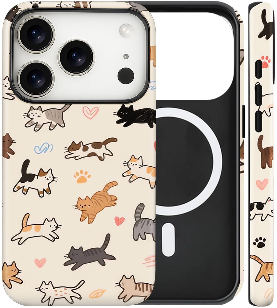 Magnetic for iPhone 13/14 Case Cute Cat Phone Case, Apricot | Shockproof Slim TPU and Hard PC Protective Phone Cover Compatible with MagSafe Designed for Women Girls Gift