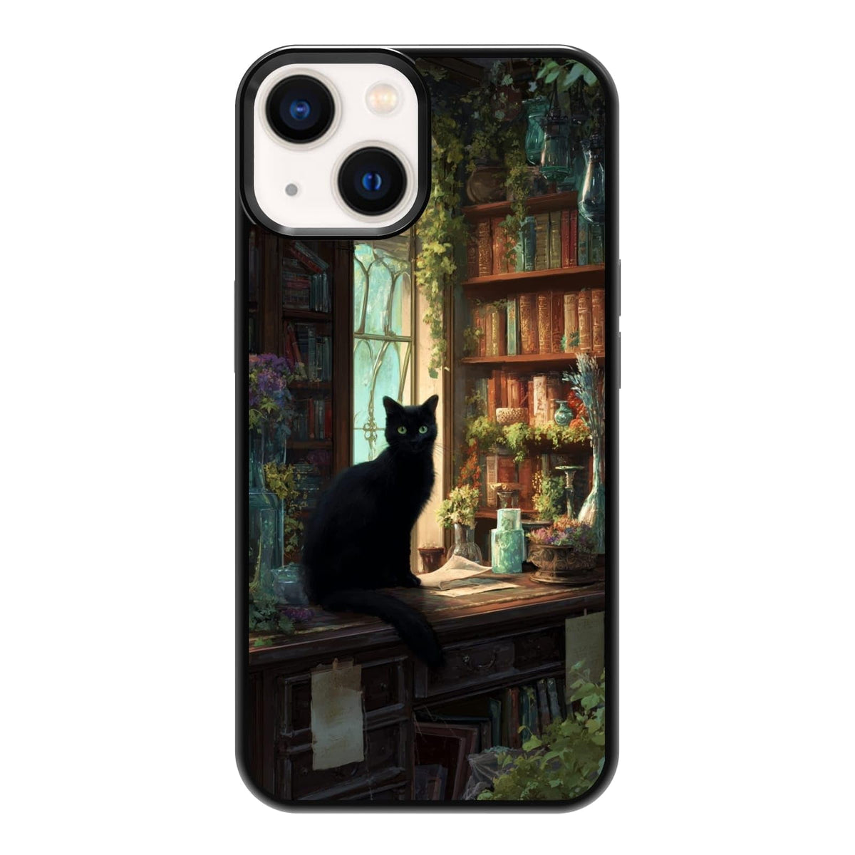 Black Cat Indoor Jungle Potted Plants Bookshelf Dark Green Botanical Urban Forest Phone Case, Shockproof Protective Cover for iPhone 11 12 13 14 15 16 17 Pro Max Plus Mini XR 7 8 SE