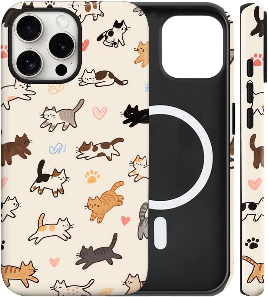Magnetic for iPhone 13/14 Case Cute Cat Phone Case, Apricot | Shockproof Slim TPU and Hard PC Protective Phone Cover Compatible with MagSafe Designed for Women Girls Gift
