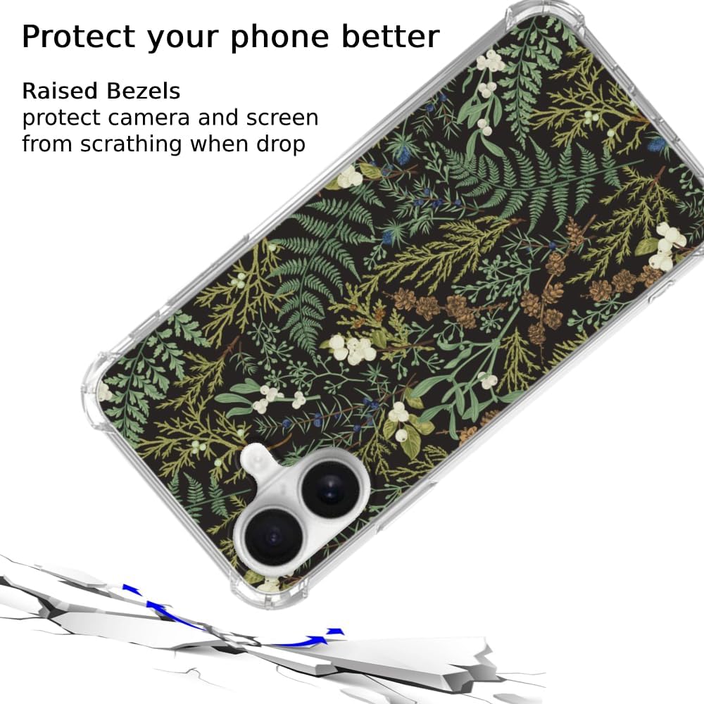 Forest Ferns Phone Case for iPhone 16, Dark Green Nature Plant Cover for iPhone 16, Cool TPU Bumper Phone Case