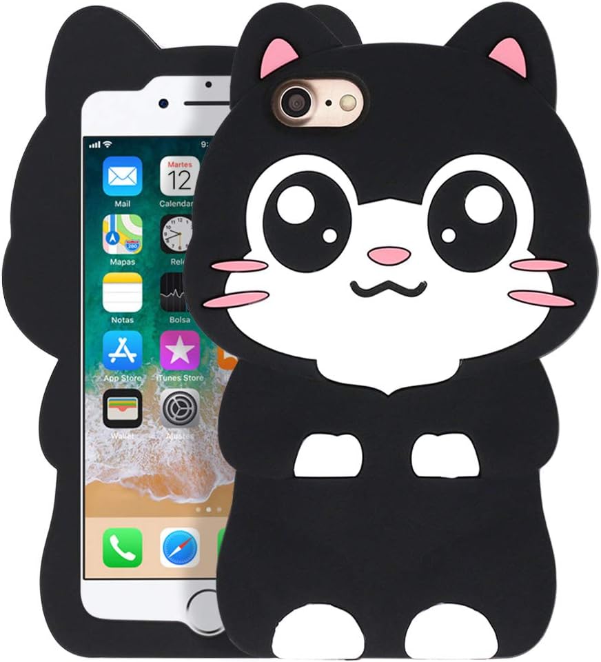 Cute iPhone SE 2020/ SE 2022 Case, Black Cat iPhone 6/ 6s/ 7/8 Case, Funny Kawaii Big Eye Kitty 3D Cartoon Animal Soft Silicone Full Protection Cover for Girls Women