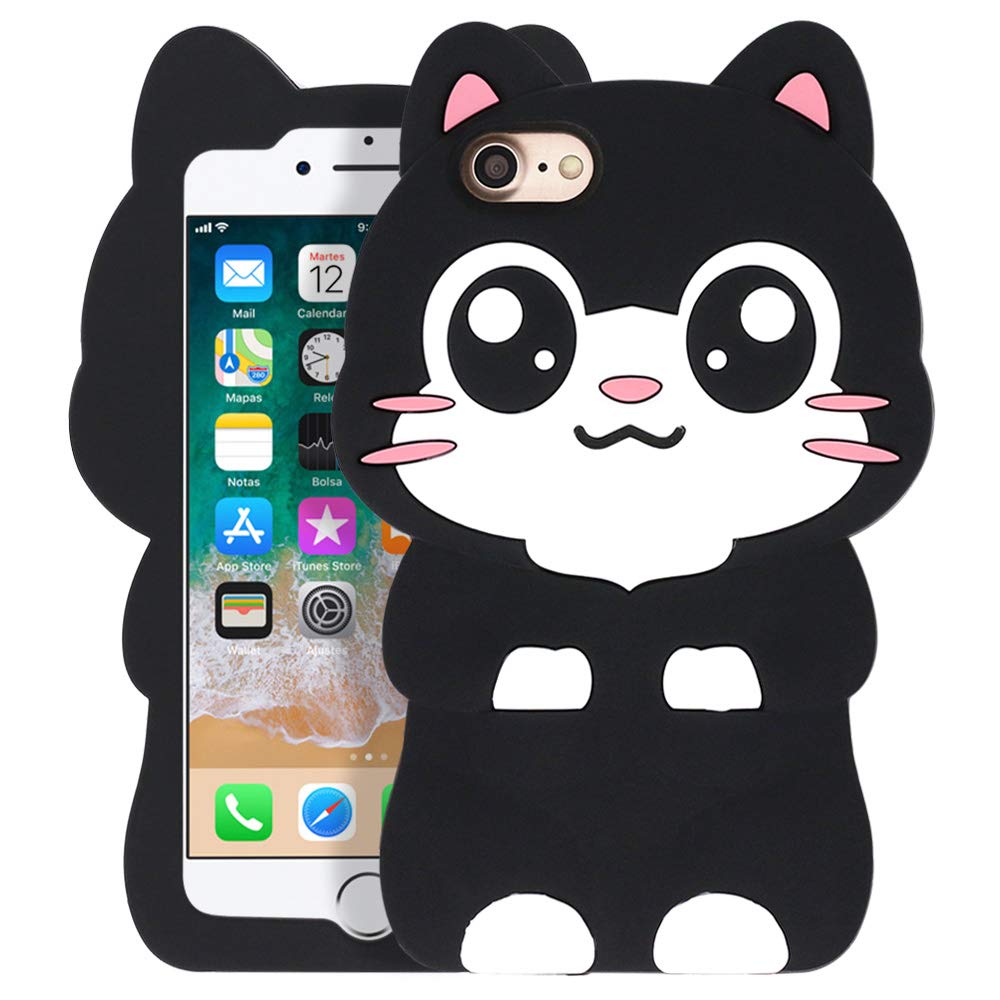 Cute iPhone SE 2020/ SE 2022 Case, Black Cat iPhone 6/ 6s/ 7/8 Case, Funny Kawaii Big Eye Kitty 3D Cartoon Animal Soft Silicone Full Protection Cover for Girls Women