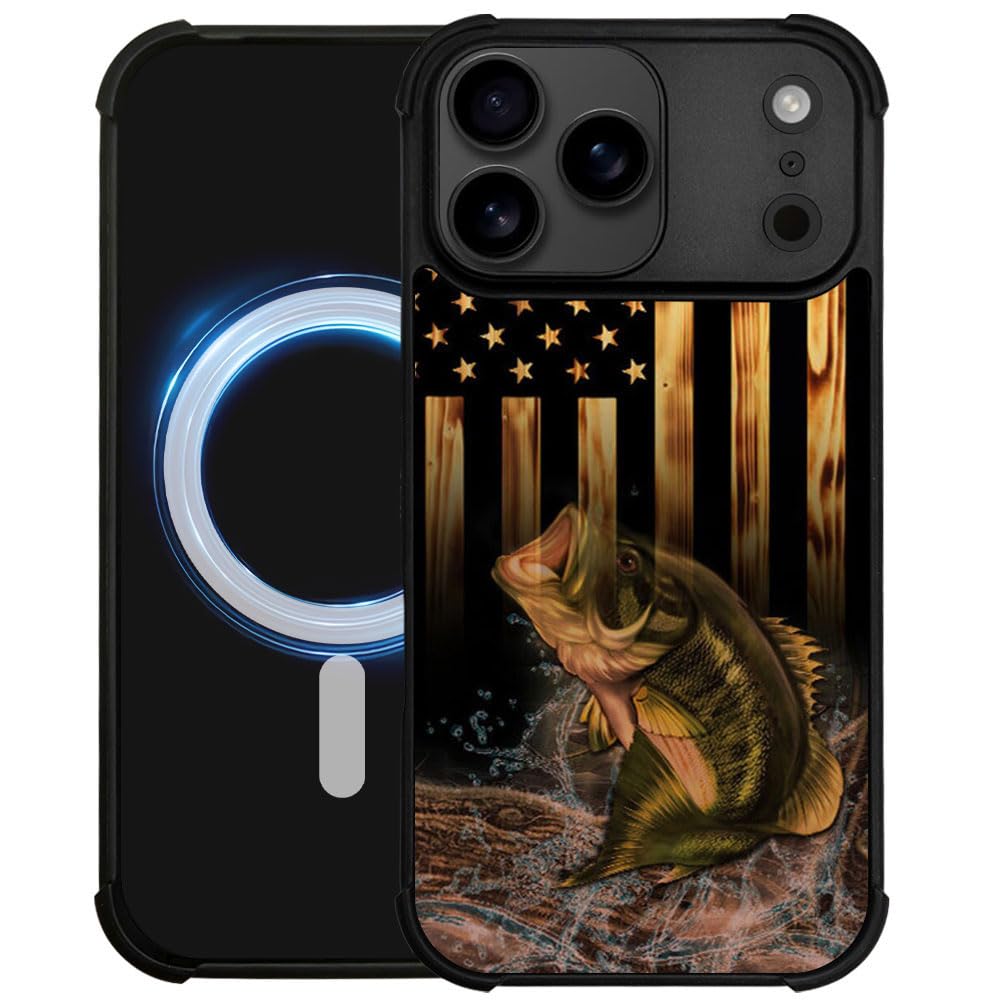 DJSOK Case for iPhone 17,Compatible with MagSafe,Anti-Scratch Shockproof Case,Wood American Flag Fish