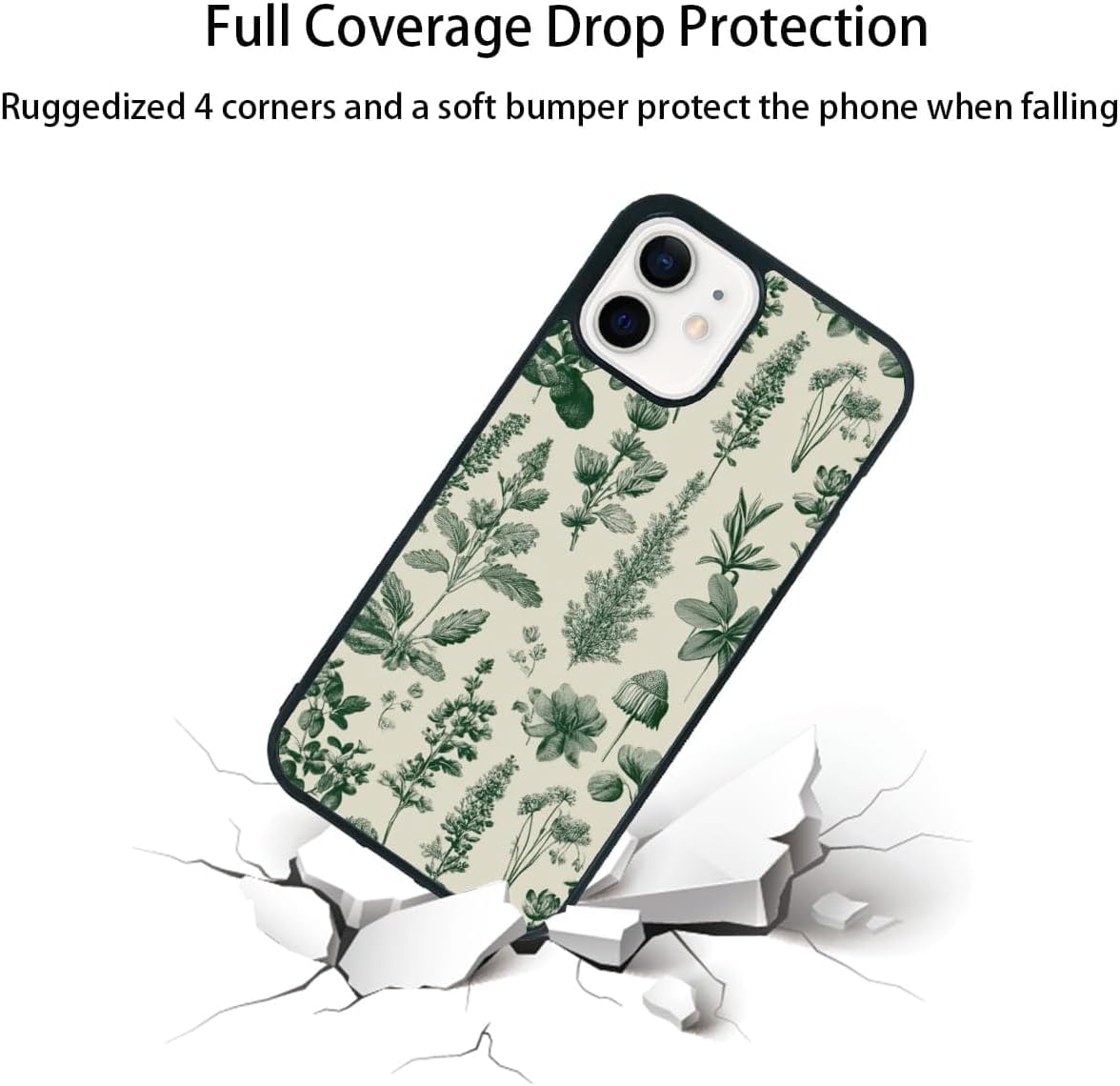 Elegant Forest Green Botanical Leaf and Plant Illustration Phone Case, Shockproof Protective Cover for iPhone 11 12 13 14 15 16 17 Pro Max Plus Mini XR 7 8 SE