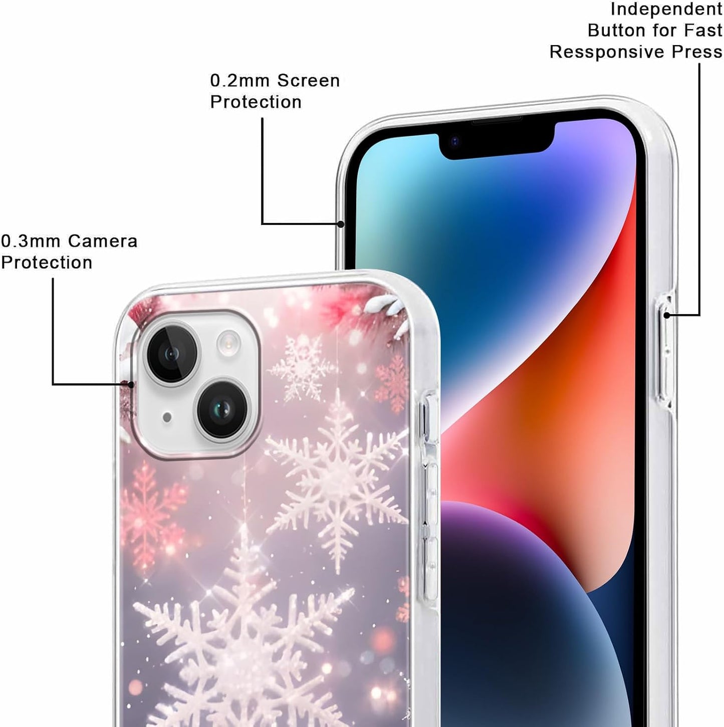 Christmas 2 Pack for iPhone 14/13 Phone Cases, Cute Case with Snowflake Printed Pink Blue Pattern Clear Soft Aesthetic Design Funda Flexible Ultra-Thin Girly Protective Women Cover