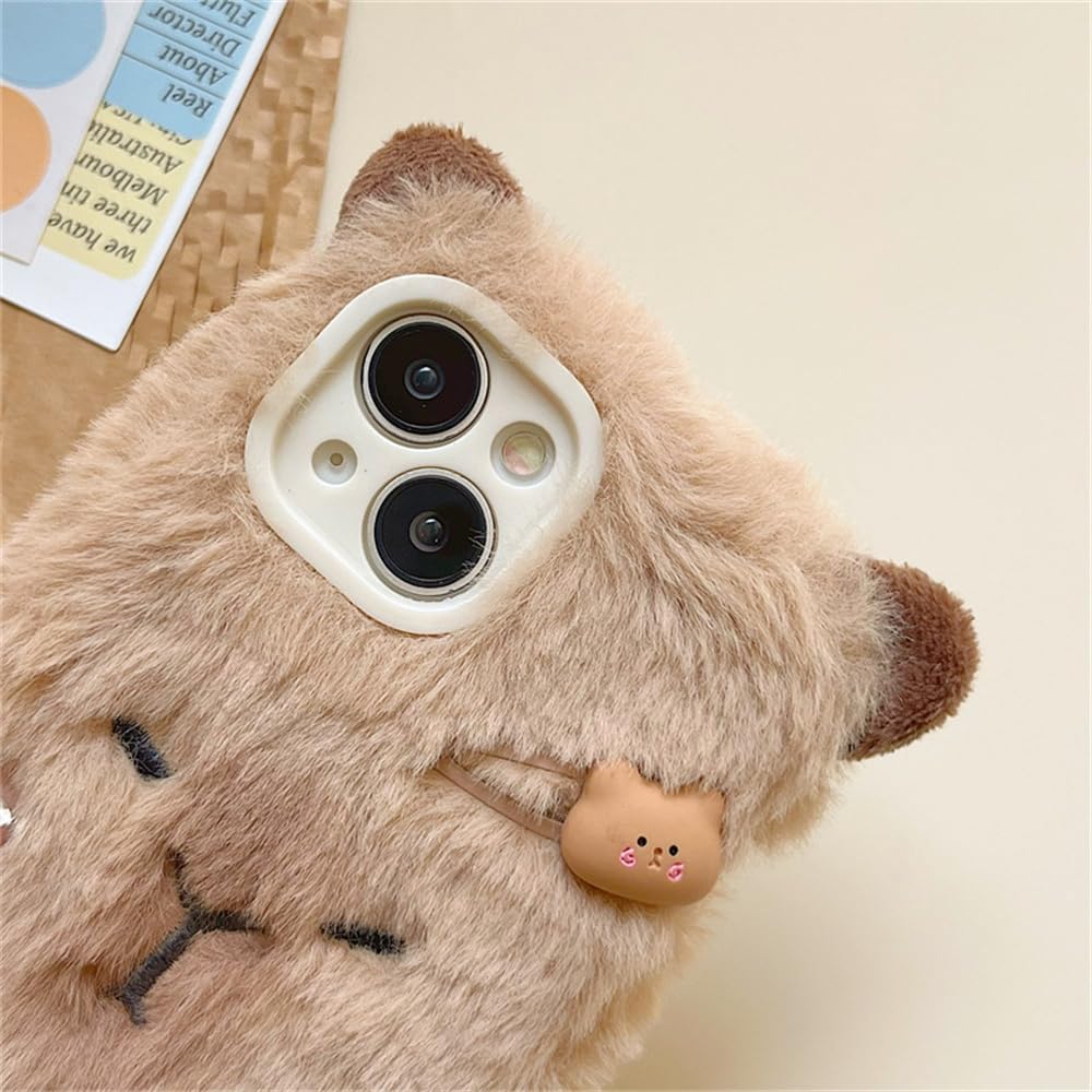 Cute Capybara Case Compatible with iPhone 16, Fuzzy Fluffy Fur Capybara Cover with Furry Plush Animal Keychain Pendant Warm Winter Case for Women Girls (for iPhone 16) Brown