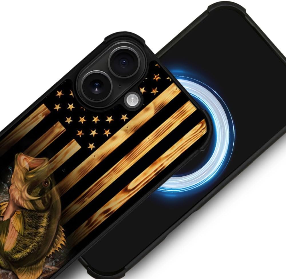 DJSOK Case for iPhone 17,Compatible with MagSafe,Anti-Scratch Shockproof Case,Wood American Flag Fish