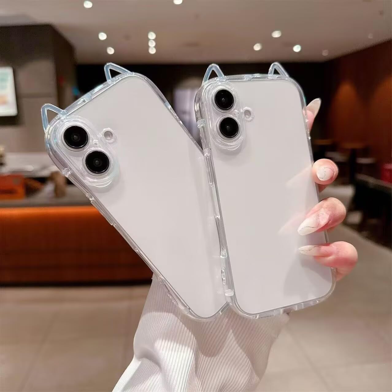 Compatible with 17 Case Cute Kawaii 3D Cat Ears Clear Glitter Shiny Bling Sparkly Soft Silicone Shockproof Protective Phone Case Cover for Girls Women-Transparent