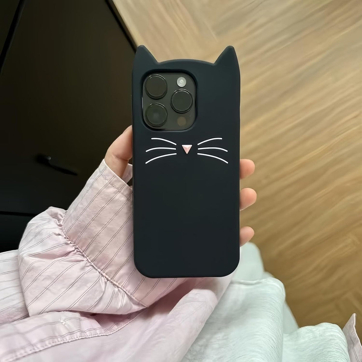 MC Fashion 3D Cat Ears Shockproof Silicone Case for iPhone 15 Black | Precise cutout design, slim snug fit, anti-slip soft grip, cute aesthetic style, ideal gift for women & girls