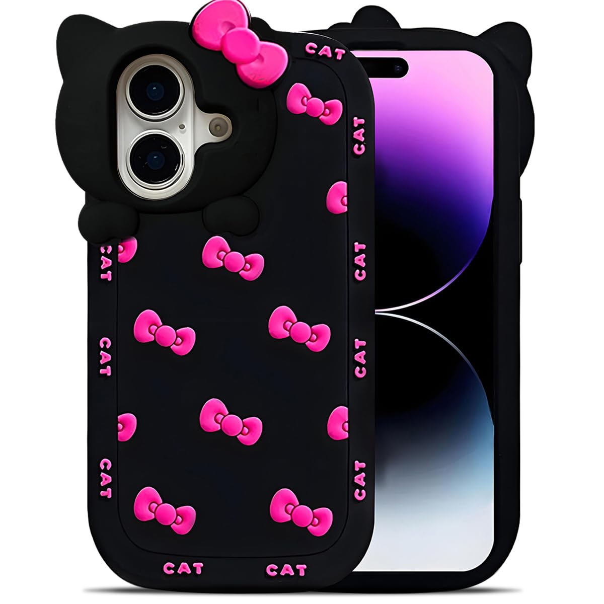 Cute Case for iPhone 17 Pro Max 6.9'', Black Kawaii Funny 3D Bow Cartoon Silicone Cat Phone case, Soft Shockproof Classic Protective Cover for Women Girls, and Kids