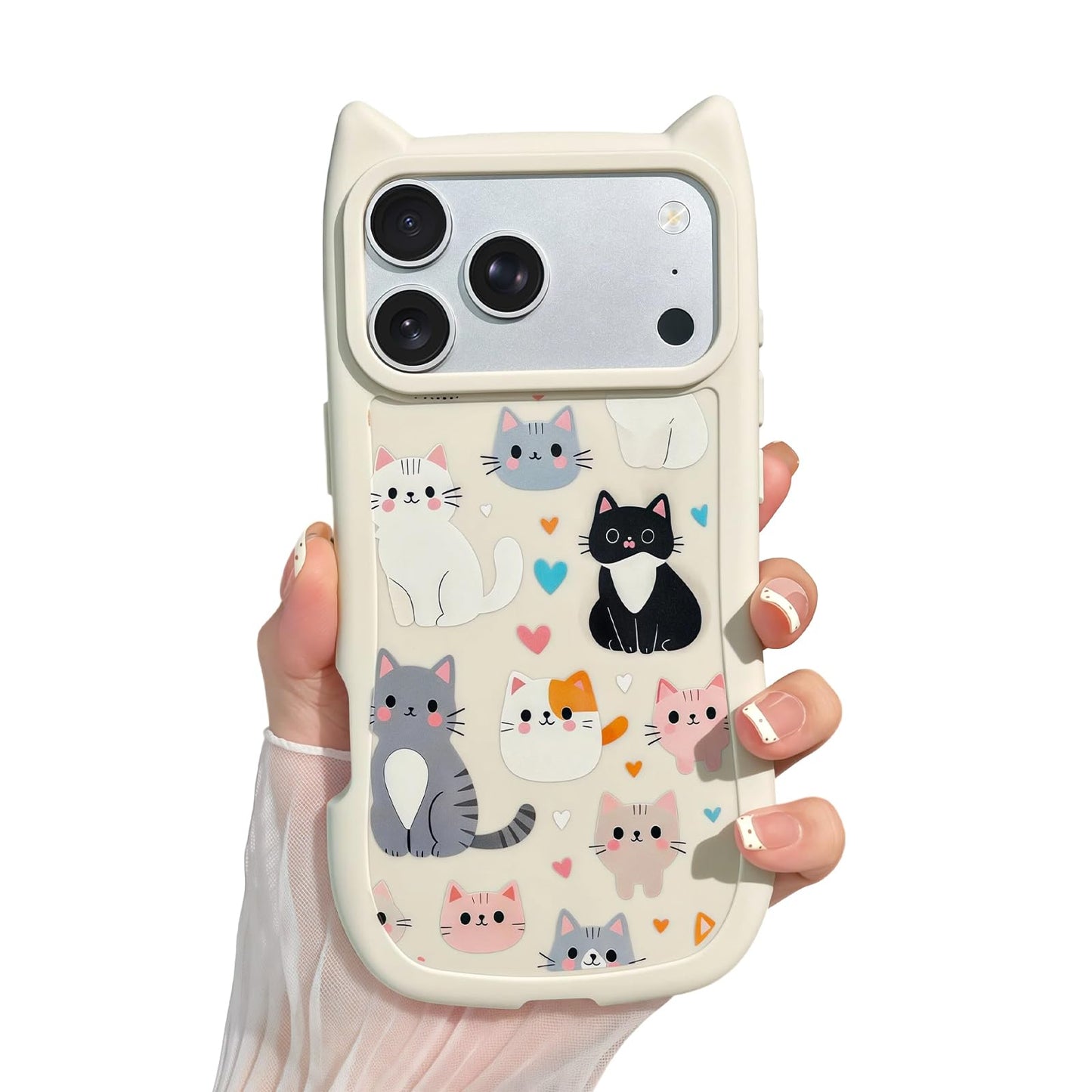 for iPhone 13 Phone Case, Cute 3D Cat Ears and Vintage Hand-Drawn Multi-Cats Heart Cartoon Pattern, with Cat Paw Buttons, Trendy Shockproof Soft Protective Phone Cover, Cat Ears