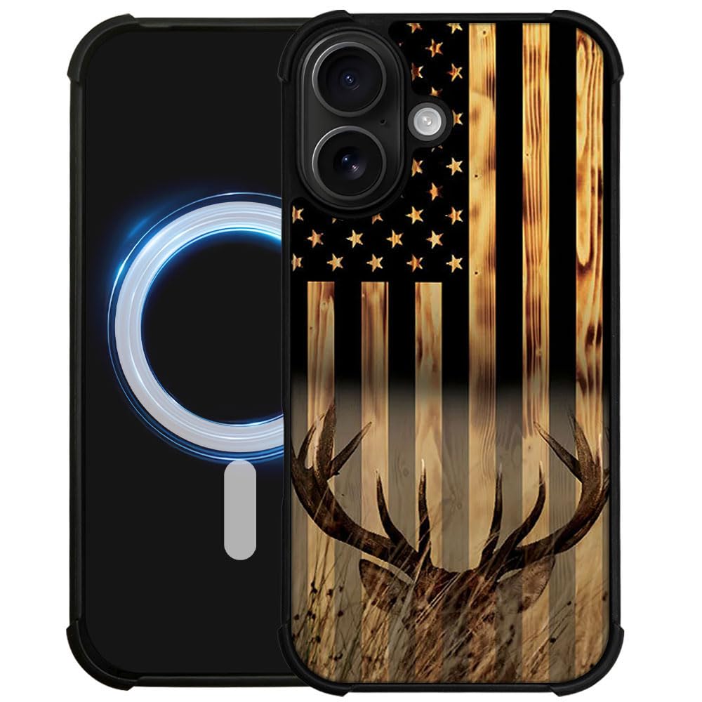 DJSOK Case for iPhone 17,Compatible with MagSafe,Anti-Scratch Shockproof Case,Wood American Flag Fish