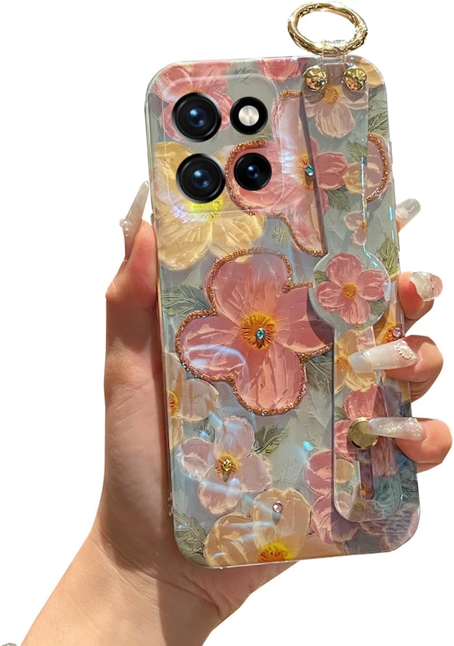 for Motorola Moto G Power 5g 2025 Case 6.8" with Wrist Strap Stand Glitter IMD Cute Kawaii Cartoon Pattern Design Shockproof Protective Phone Cases for Girls & Women - Sunflower