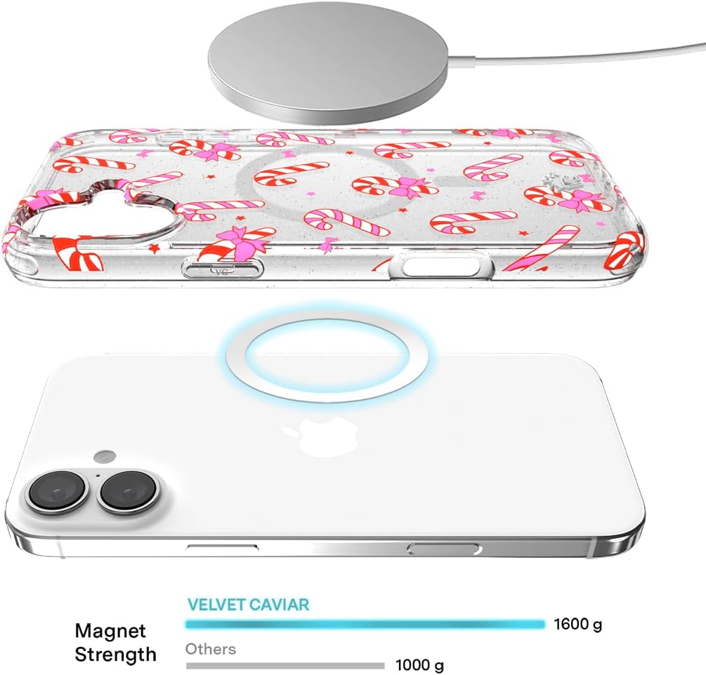 VELVET CAVIAR Christmas Phone Case for iPhone 16 - Compatible with MagSafe [10ft Drop Tested] - Holiday Peppermint Glitter Winter Theme