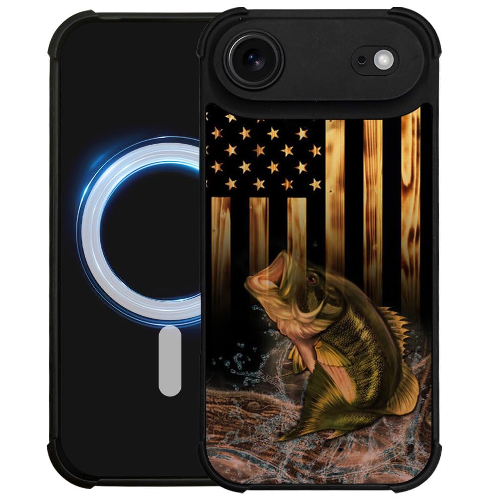 DJSOK Case for iPhone 17,Compatible with MagSafe,Anti-Scratch Shockproof Case,Wood American Flag Fish