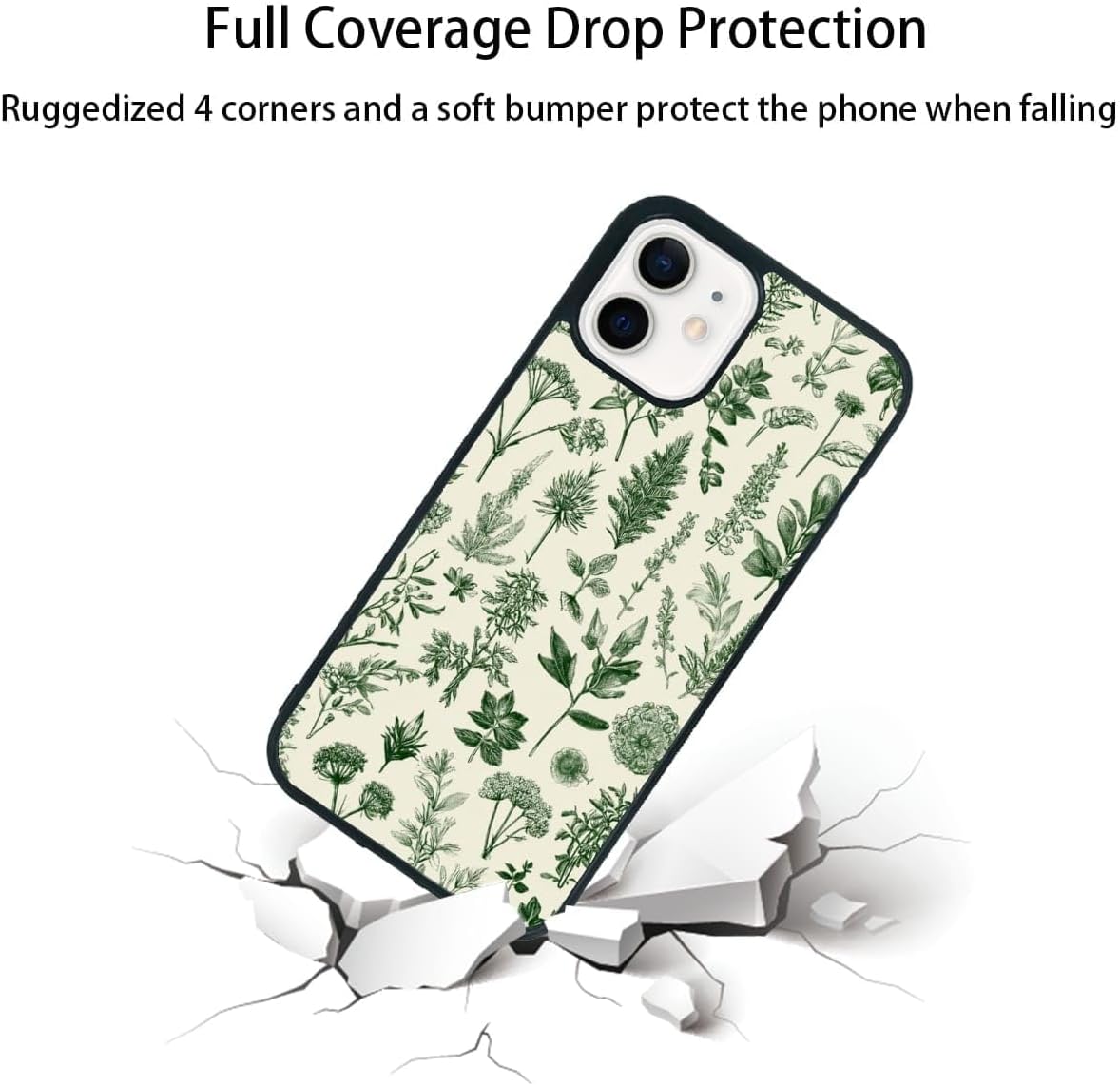 Vintage Green Herb Botanical Leaf Sketch Nature Phone Case, Shockproof Protective Cover for iPhone 11 12 13 14 15 16 17 Pro Max Plus Mini XR 7 8 SE