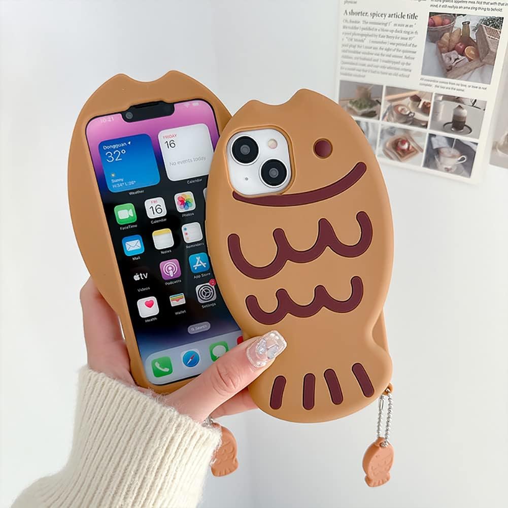 Soft Silicone Case Compatible with iPhone 11,Cute 3D Cartoon Taiyaki with Fish Keychain 3D Funny Kawaii Phone Cases Women Girls Shockproof Cover for iPhone 11