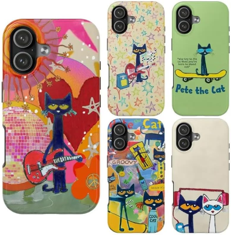 Cute Pete Cat Phone Case, Retro Cartoon Guitar Cat Aesthetic Cover, Groovy Colorful Music Art Design for Phone 11 12 13 14 15 16 17 Pro Max