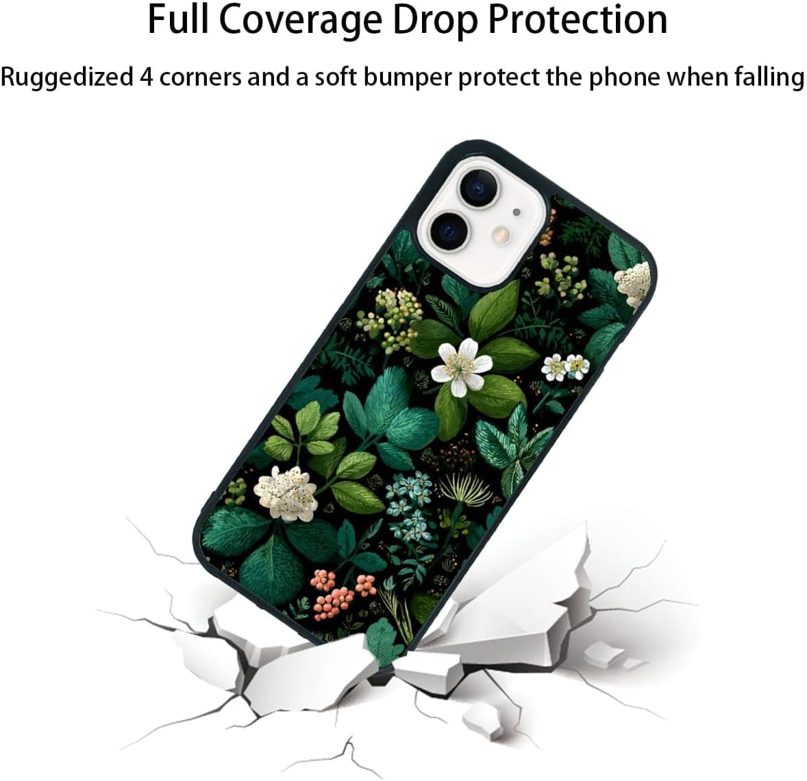 Dark Botanical Wildflower Forest Green Leaf White Blossom Nature Art Phone Case, Shockproof Protective Cover for iPhone 11 12 13 14 15 16 17 Pro Max Plus Mini XR 7 8 SE