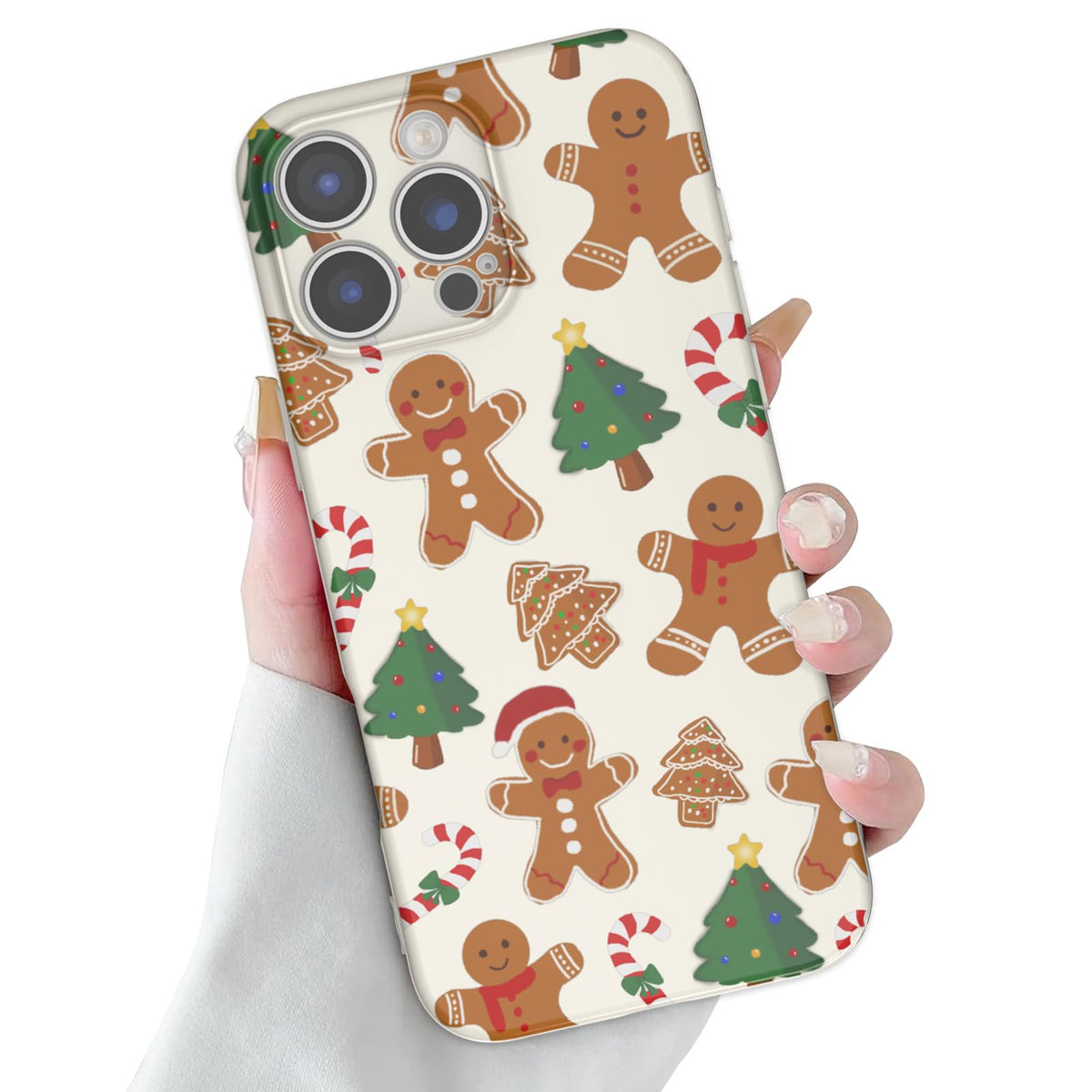 Christmas Case for iPhone 13 Case Cute Xmas Merry Christmas Tree Gingerbread Man Pattern Santa Holiday Aesthetic Gifts Girly Girls Women Kids Soft TPU Protective Cover, Beige