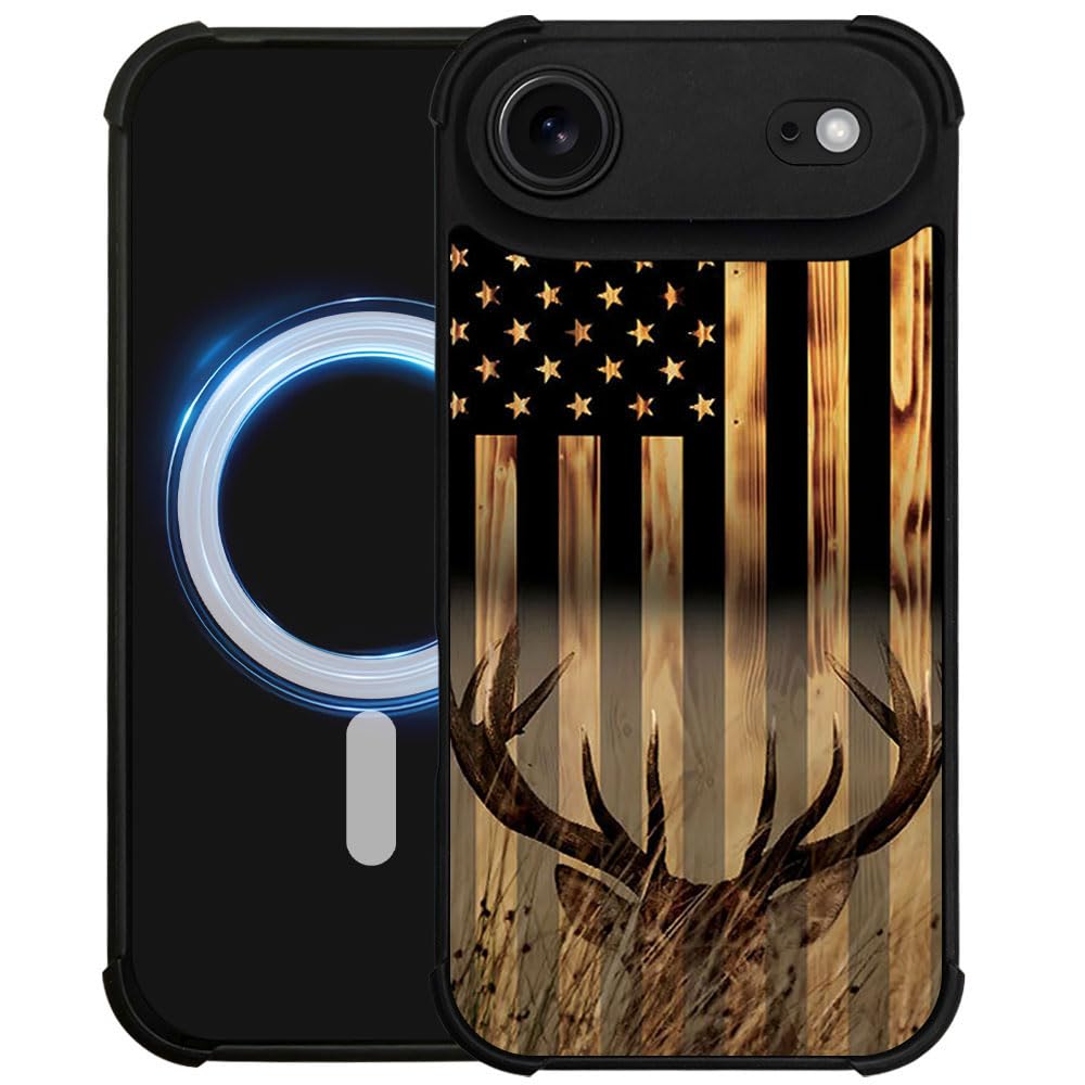 DJSOK Case for iPhone 17,Compatible with MagSafe,Anti-Scratch Shockproof Case,Wood American Flag Fish