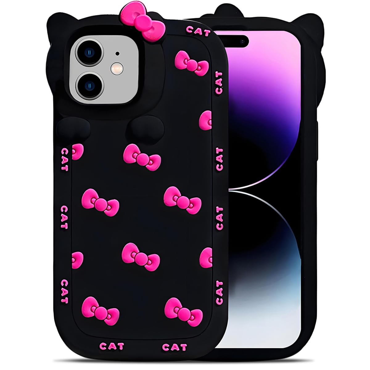 Cute Case for iPhone 17 Pro Max 6.9'', Black Kawaii Funny 3D Bow Cartoon Silicone Cat Phone case, Soft Shockproof Classic Protective Cover for Women Girls, and Kids