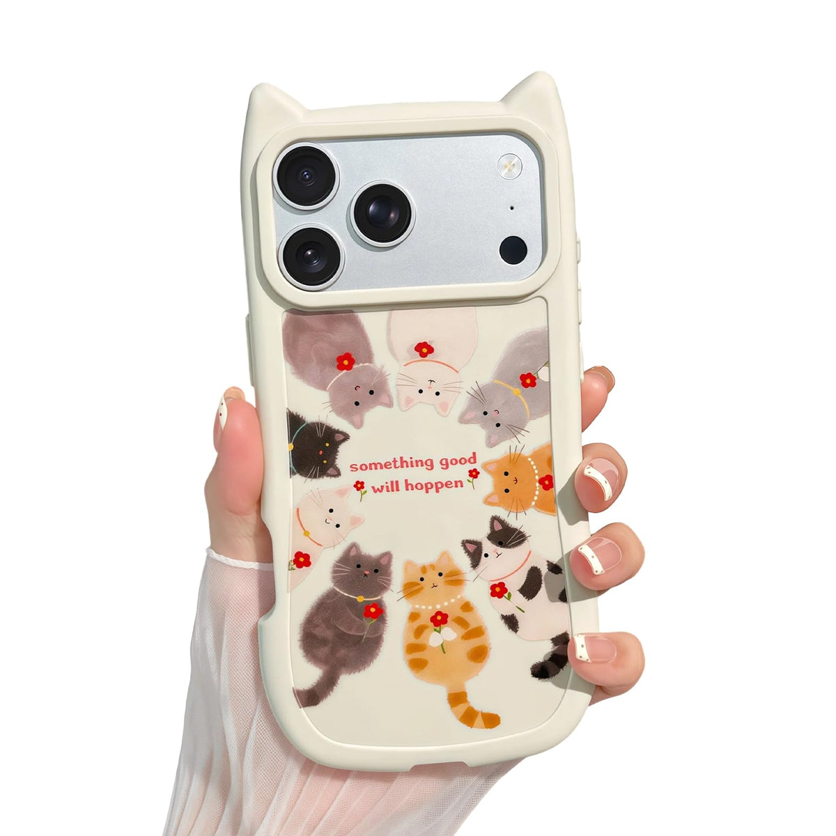 for iPhone 13 Phone Case, Cute 3D Cat Ears and Vintage Hand-Drawn Multi-Cats Heart Cartoon Pattern, with Cat Paw Buttons, Trendy Shockproof Soft Protective Phone Cover, Cat Ears