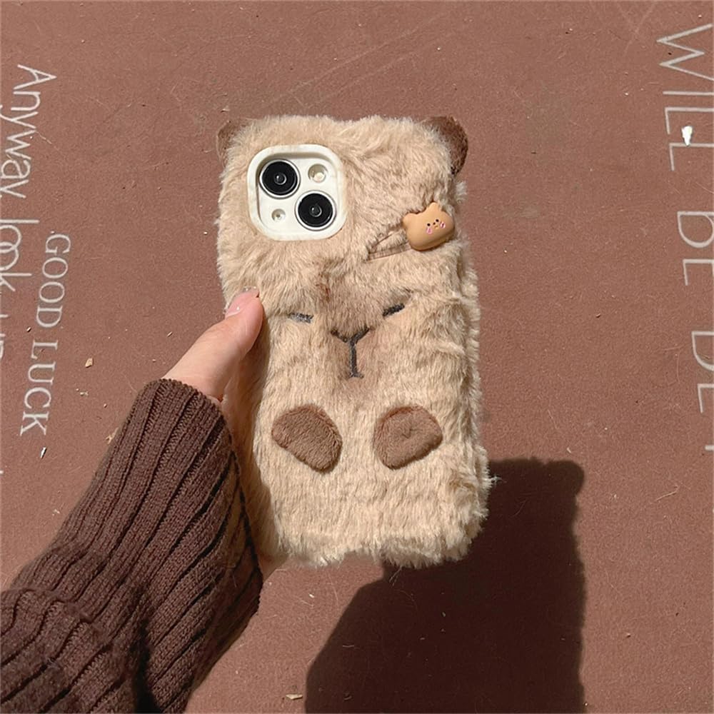 Cute Capybara Case Compatible with iPhone 16, Fuzzy Fluffy Fur Capybara Cover with Furry Plush Animal Keychain Pendant Warm Winter Case for Women Girls (for iPhone 16) Brown